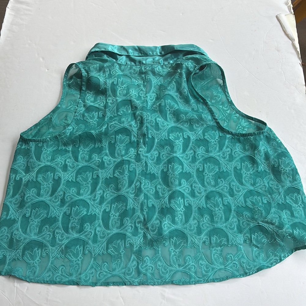 Vintage 90’s Collared Preppy Silky Teal Sleeveless Cropped Top Shirt Large Swing - Picture 12 of 17